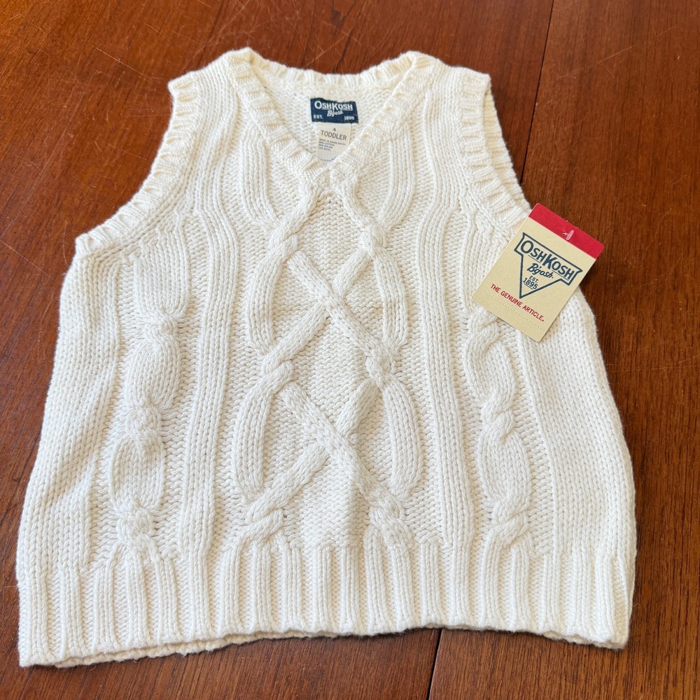 OshKosh B'gosh Toddler 4T Cream Cable Knit Sweater Vest V-Neck Cotton Wool Blend